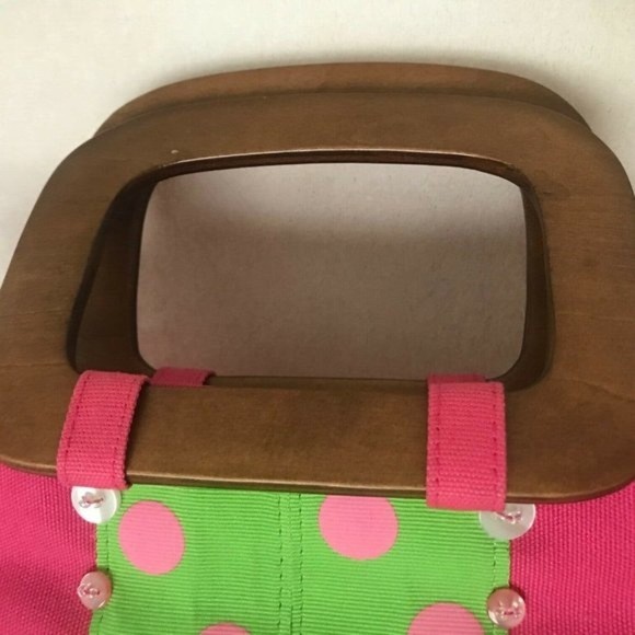 Madison Studio Polka Dots Purse Clutch Wooden Handles Pink Green Embellished - Picture 3 of 9